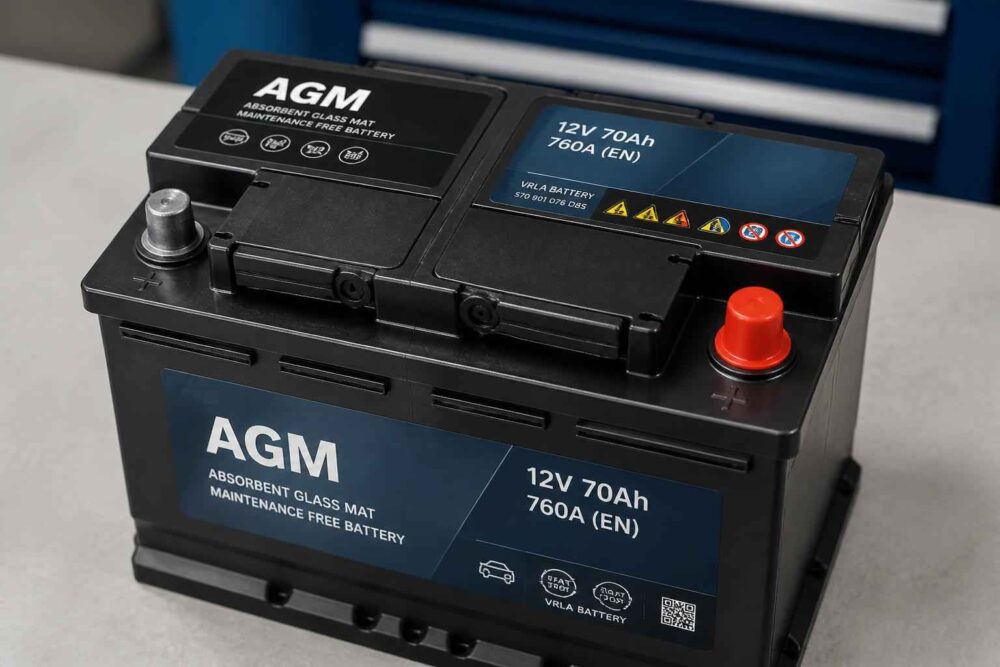 Czarny akumulator samochodowy AGM 12V 70Ah 760A z czerwonym zaciskiem dodatnim