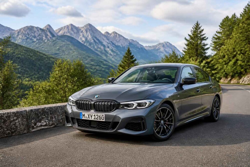 Szary BMW Serii 5 zaparkowany na górskiej drodze z alpejskimi szczytami w tle