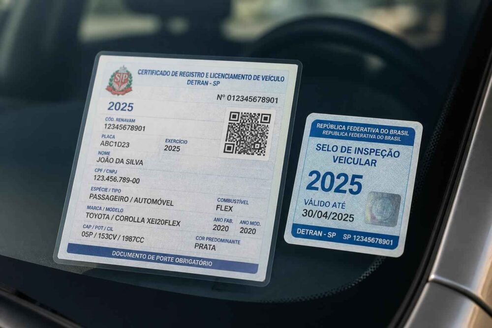 Brazylijskie dokumenty rejestracyjne i naklejka kontroli pojazdu za przednią szybą samochodu