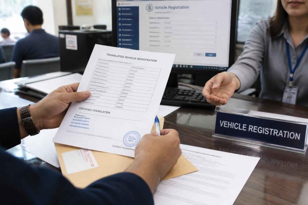 Formularz rejestracji pojazdu przy stanowisku obsługi Klient wypełnia formularz rejestracji pojazdu przy stanowisku urzędowym z pracownicą w tle