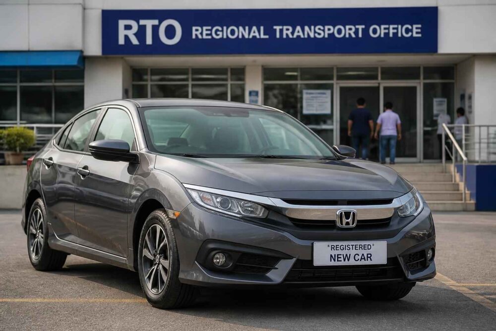 Szary Honda Civic zaparkowany przed Regional Transport Office z tablicą New Car