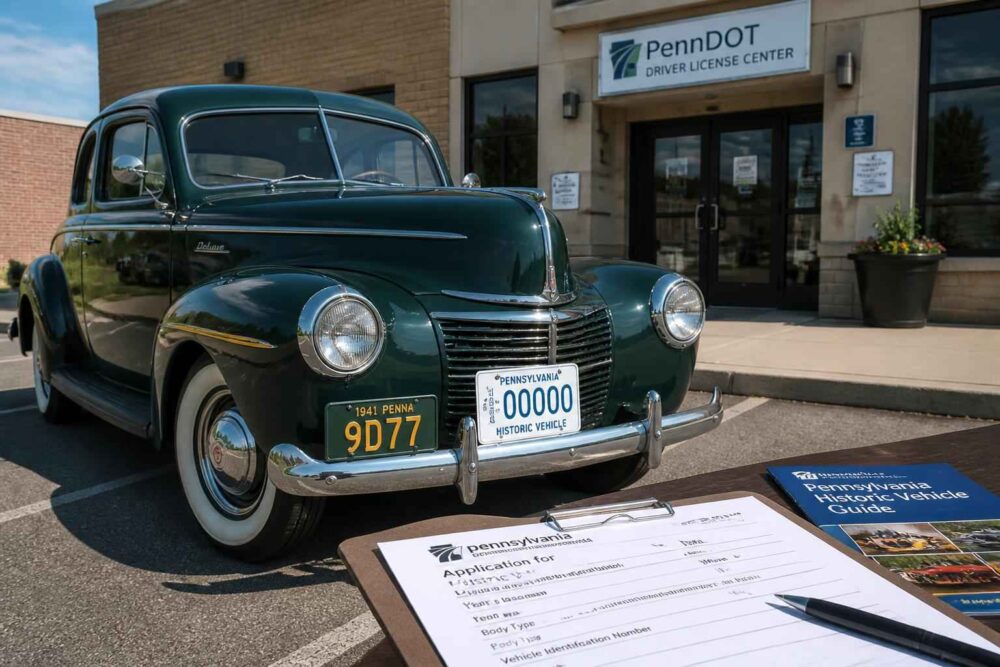 Klasyczny Packard przed centrum prawa jazdy PennDOT Zielony klasyczny Packard z historycznymi tablicami przed centrum PennDOT Driver License Center
