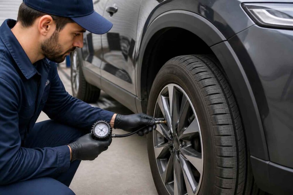 Kontrola ciśnienia w oponie SUV-a Mechanik mierzy ciśnienie w oponie SUV-a za pomocą ręcznego manometru