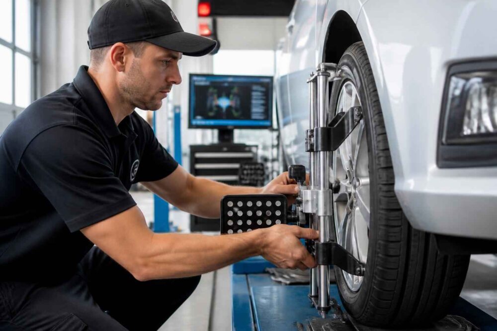 Mechanik montuje przyrząd pomiarowy na kole białego samochodu w serwisie oponarskim