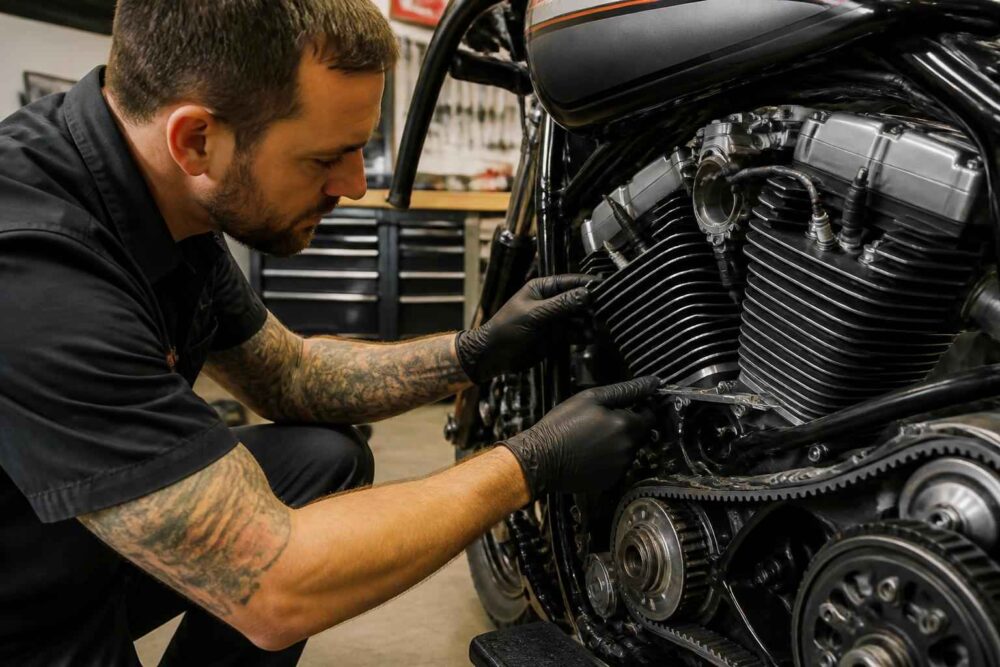 Mechanik w rękawiczkach naprawia odsłonięty silnik motocykla w warsztacie