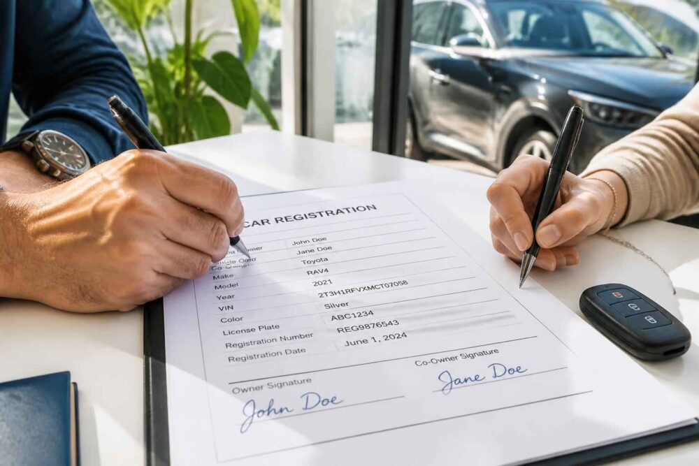 Dwie osoby podpisują dokument rejestracji samochodu przy stole, a za oknem stoi czarne auto