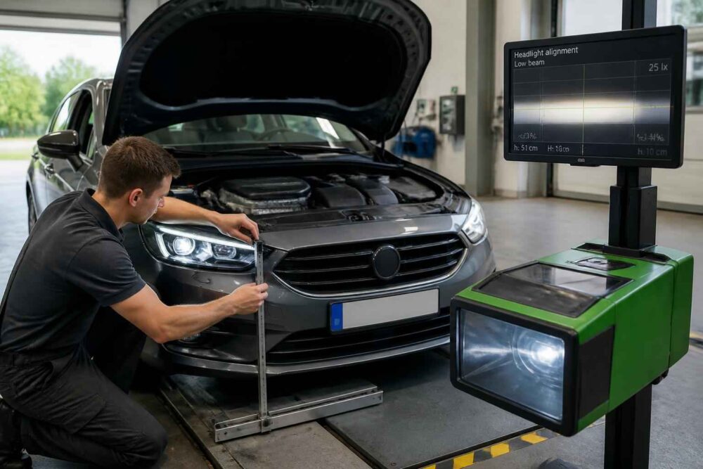 Mechanik sprawdza ustawienie świateł Mercedesa przy użyciu urządzenia diagnostycznego w warsztacie.