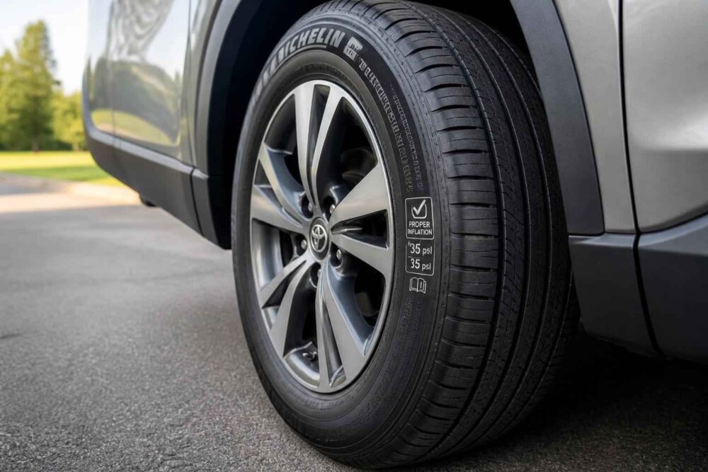 Przednie koło Toyoty z oponą Michelin Przednie koło szarej Toyoty z felgą aluminiową i oponą Michelin na podjeździe