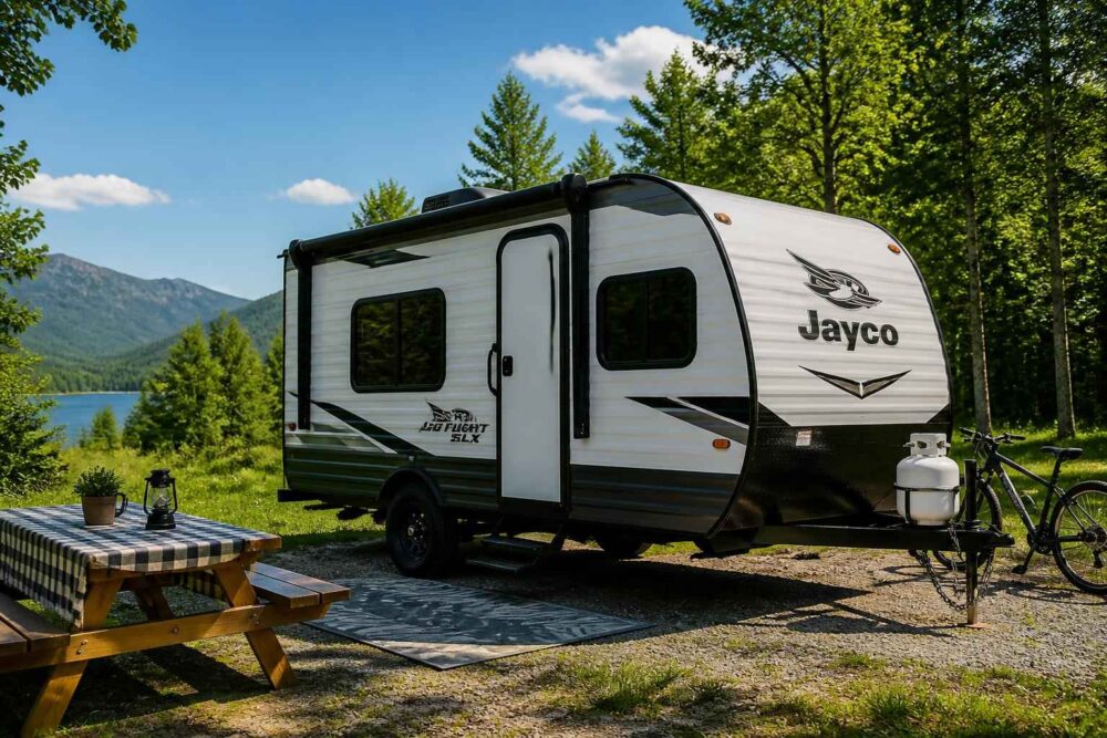 Przyczepa Jayco z rowerami i miejscem piknikowym nad górskim jeziorem wśród drzew