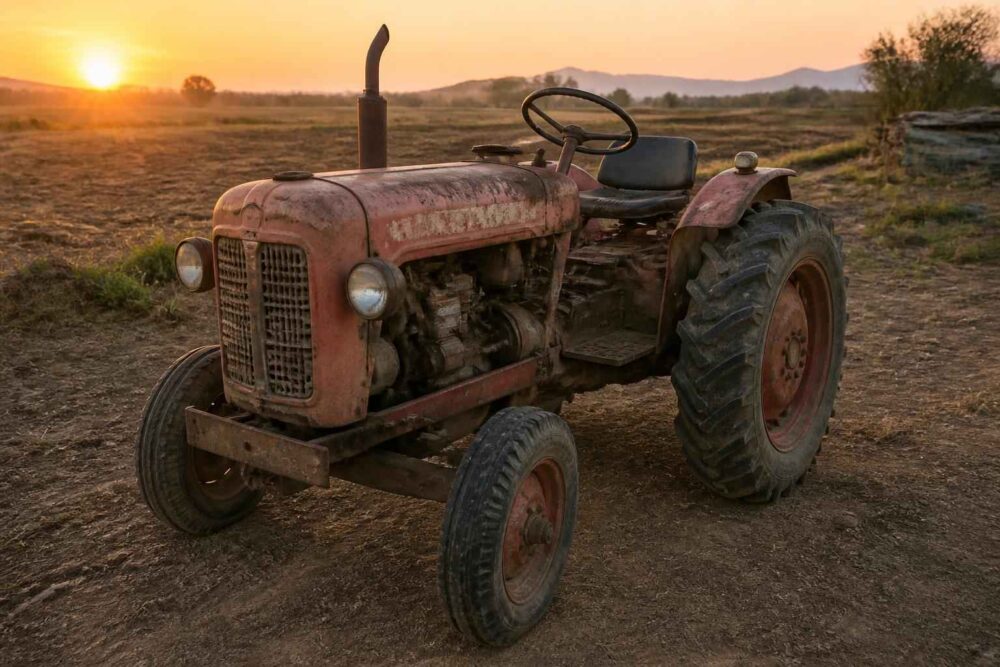 Zabytkowy czerwony traktor stojący na polu podczas zachodu słońca