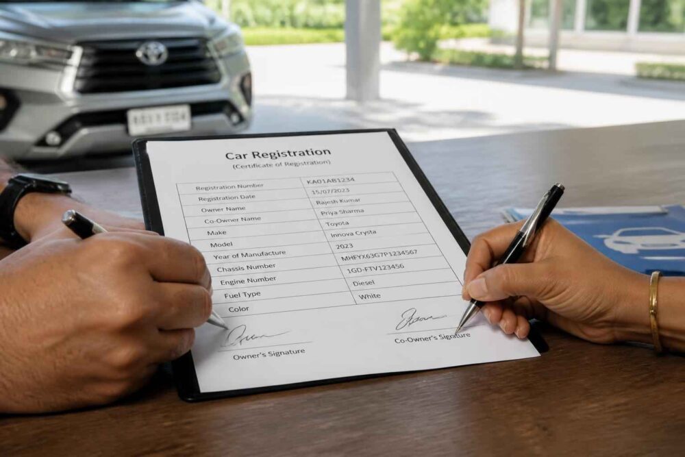 Dwie osoby podpisują formularz rejestracji samochodu przy stole, obok zaparkowanej Toyoty